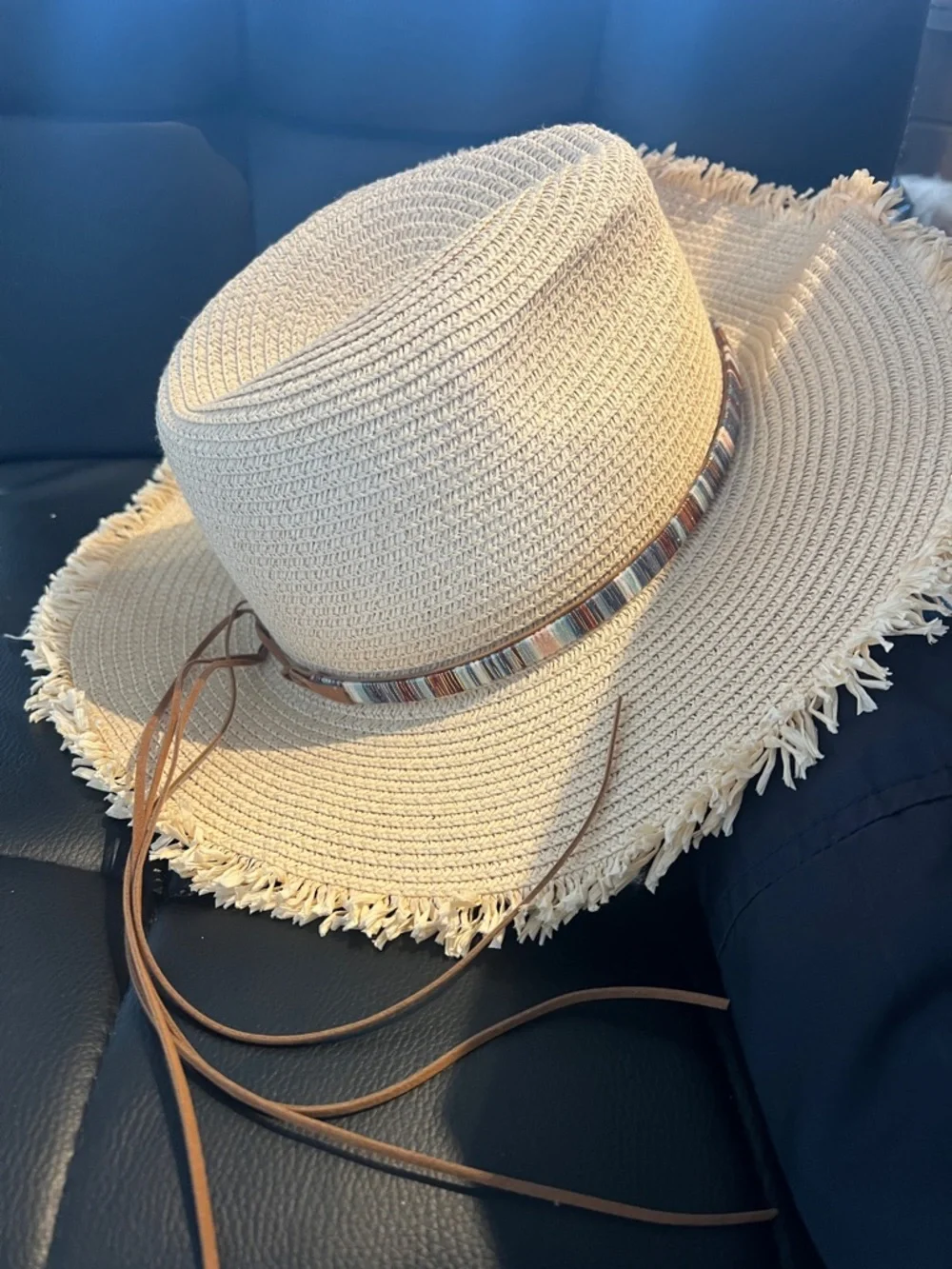 Straw Wide-Brim Sun Hat with Fringe and Beaded Band - Beige - Picture 1 of 5